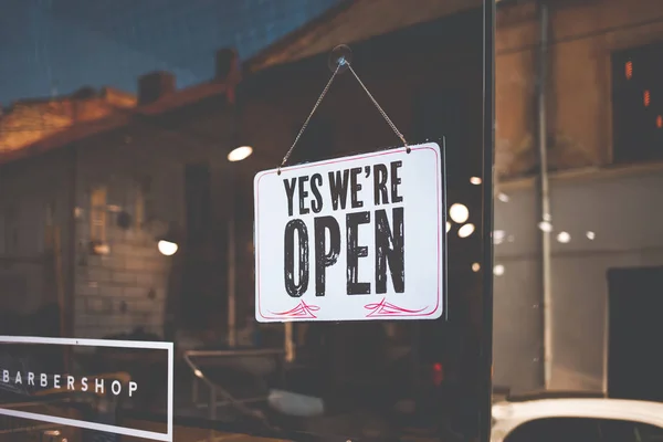 Open Sign Black Glass Shop — Stok fotoğraf