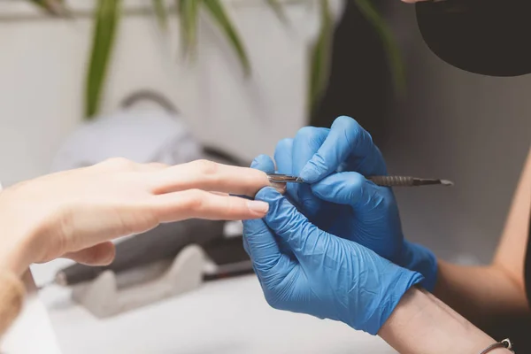 Manicurist Cuts Cuticle Prepare Nails Painting Manicure Procedure Closeup — Stock Photo, Image