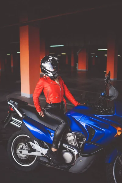 Sexy Woman Red Leather Jacket Sits Sports Bike — 스톡 사진