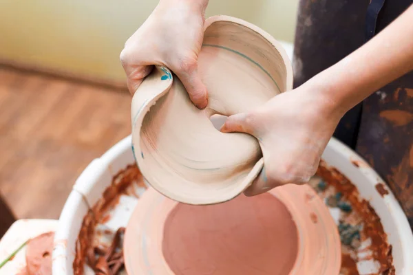 Potter Holds His Hands Spoiled Plate Clay — Stock Photo, Image