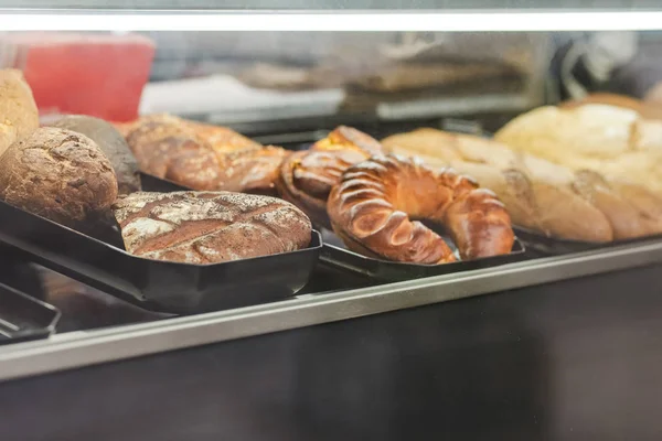 Many Different Pastries Lie Glass Window Bakery Shop — Stock Photo, Image