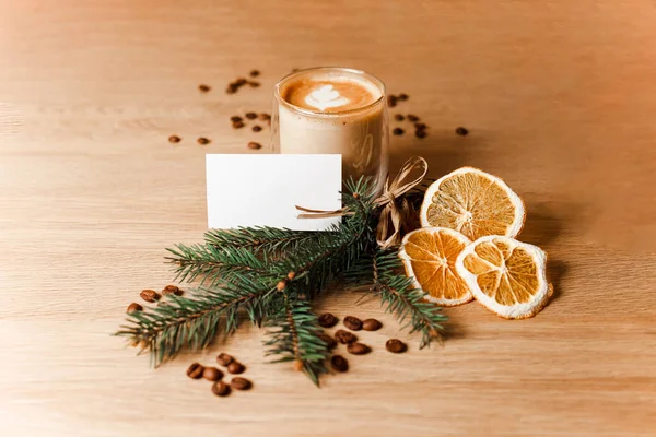 Composition Cup Latte Coffee Beans Dried Oranges Fir Branch — Stock Photo, Image