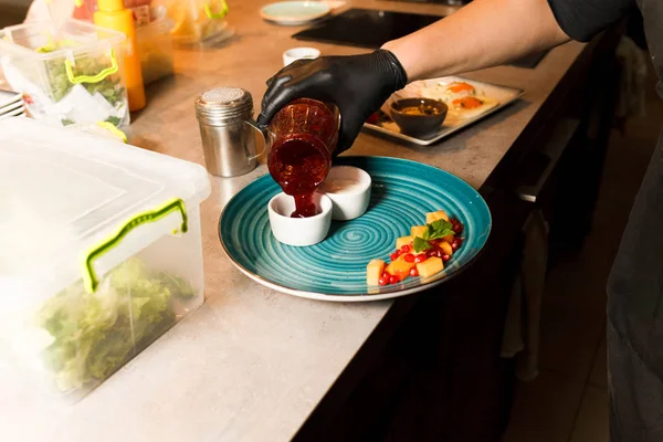 Chef Preparing Home Made Cottage Cheese Fried Pan Served Sauces — Stock Photo, Image