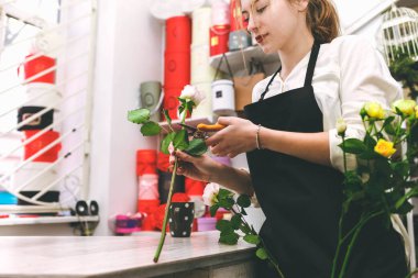 Çiçekçi buket yapmak için çiçek buduyor.