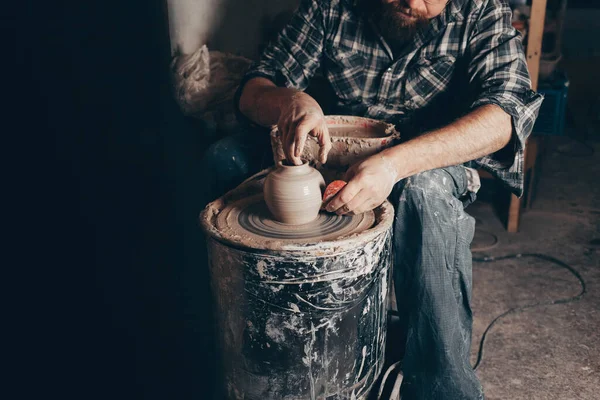 Maître Poterie Travaille Sur Roue Poterie Atelier — Photo