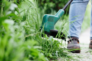 Adam elektrikli budayıcı ile uzun çimleri biçiyor. Bahçe bakımı kavramı