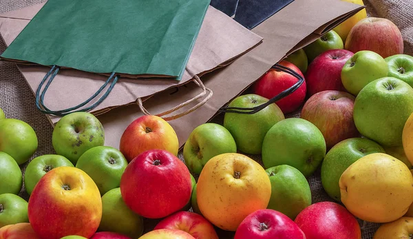 craft packages and paper bags for sorting apples after harvest