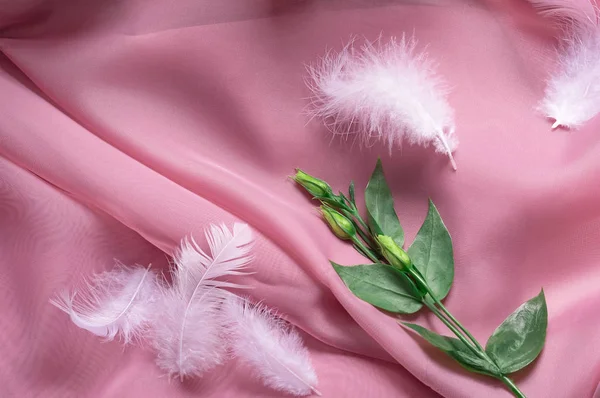delicate twigs of flowers with buds on a pink silk background among white feathers. Romantic postcard