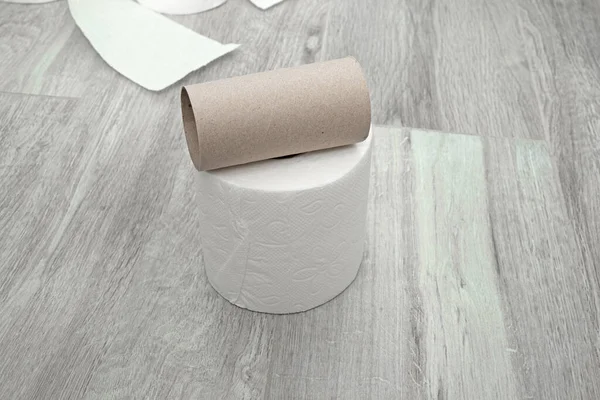 Toilet Paper Floor Made Ceramic Tiles New Used Rolls White — Stock Photo, Image