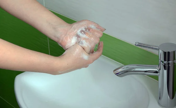Hand Wash Technique Girl Washes Her Hands Bathroom Fight Coronavirus — Stock Photo, Image