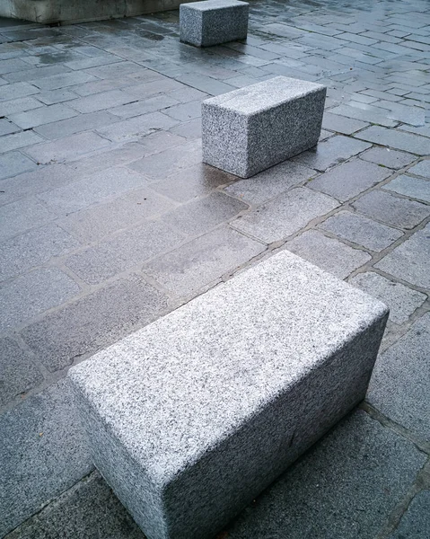 Granitwürfel Auf Dem Bürgersteig Straßensperrung Blickpunkt Pflastersteine — Stockfoto