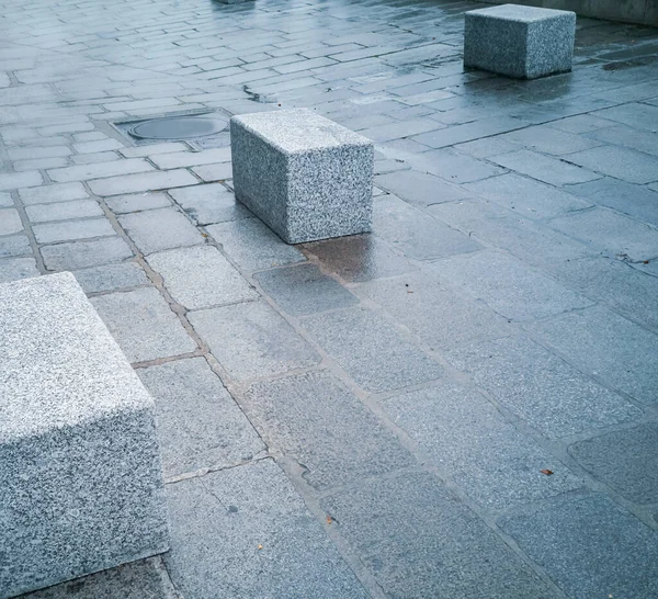 Granitkuber Trottoaren Vägspärr Perspektiv Stenblocksbeläggning — Stockfoto