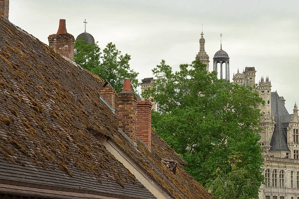 Background of architecture styles. Romanesque, Gothic architecture and avant-garde architecture in modern times. Moss on an ancient roof