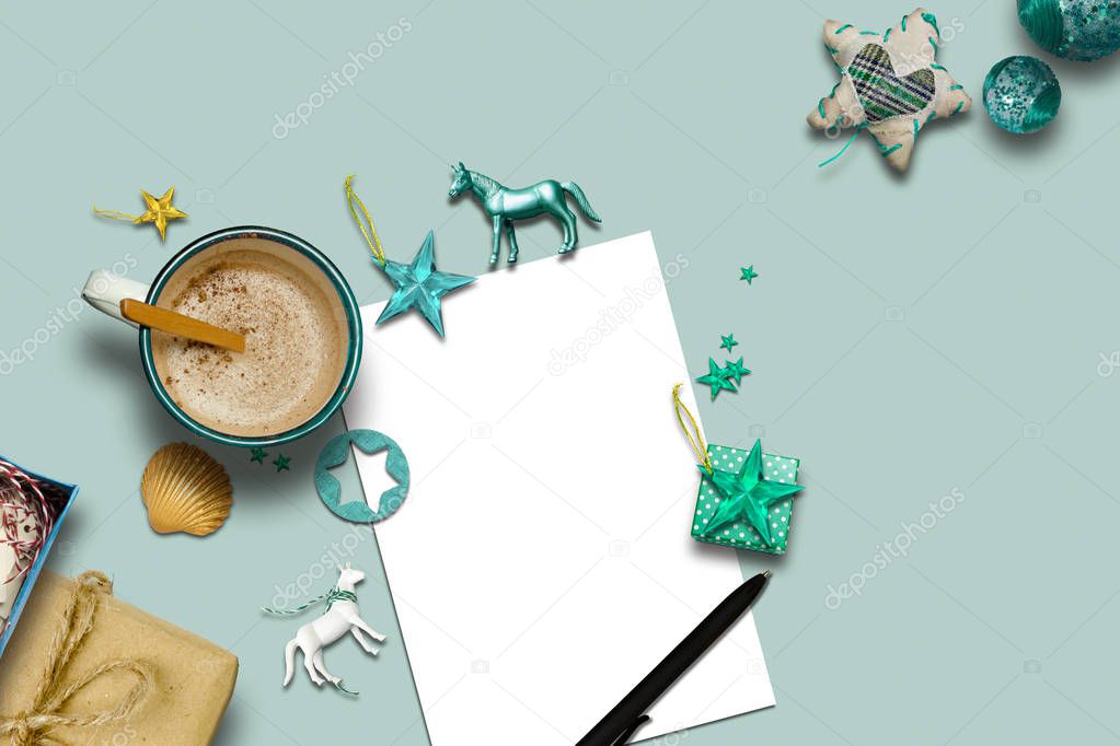 empty Christmas card, collection, hot chocolate and decorative o