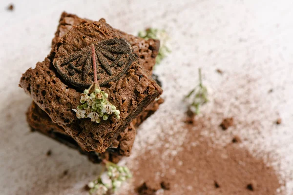 Choklad brownies, med svart kex fyllda med grädde — Stockfoto