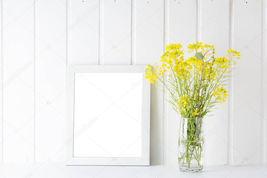 empty picture frame, decorated with Bouquet of pink natural flow