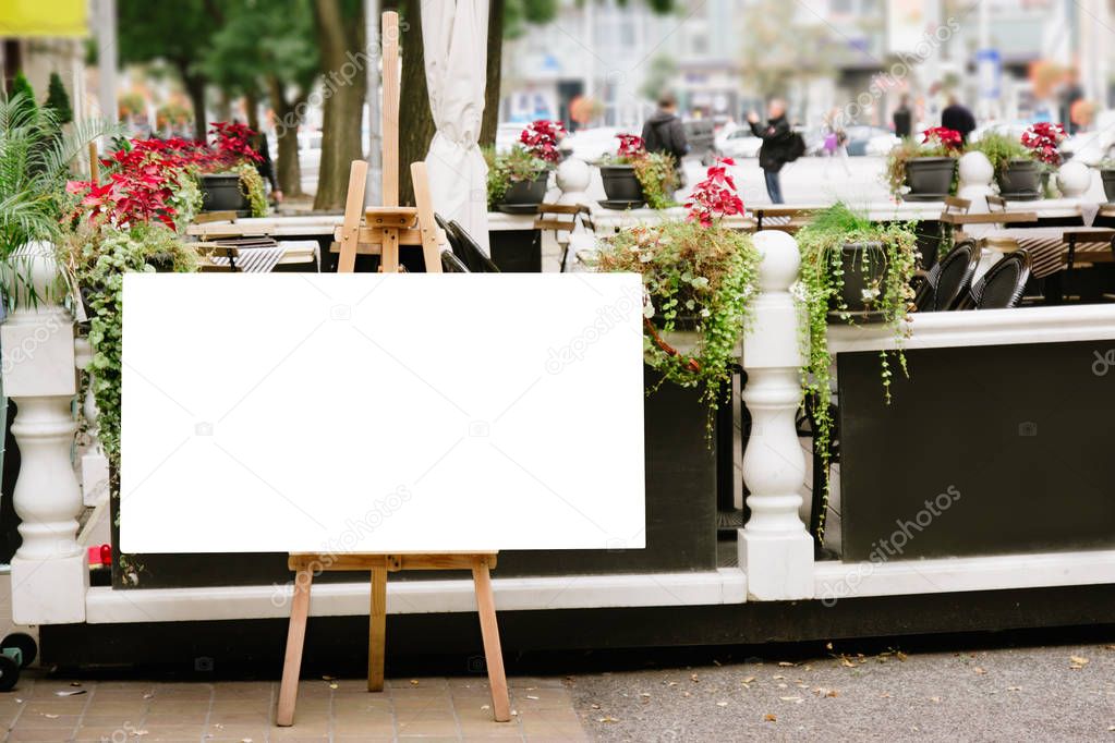 Blank Board menu, stand mock up, on the terrace, outdoors 