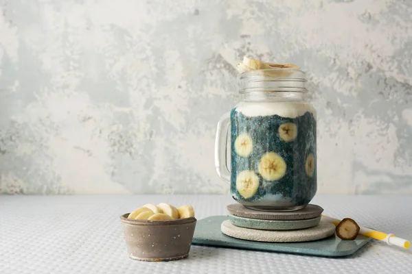 Chia smoothie, with fresh platanos and coconut and blueberries m — Stock Photo, Image