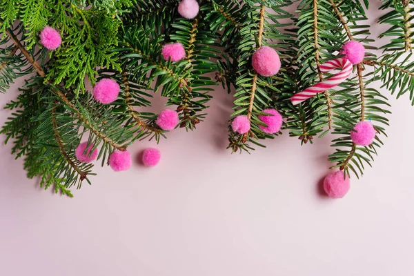 Marco decorativo de ramas de abeto y bayas de acebo rosa —  Fotos de Stock