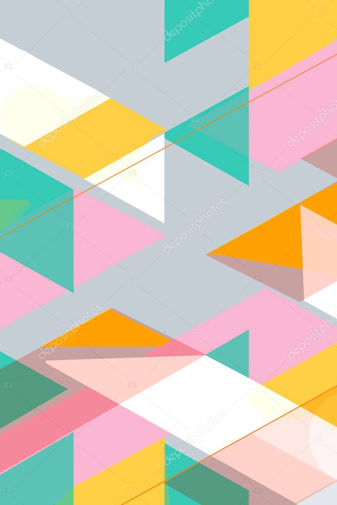 Colorful geometric Cover Swiss Modernism. cubes and triangles. Yellow green and pink texture. Abstract pattern Shapes Concept backgrounds for ads or prints covers or posters banners or cards. Linear triangles and cubes elements