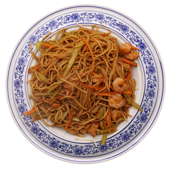 Comida china. Espaguetis con gambas — Foto de Stock