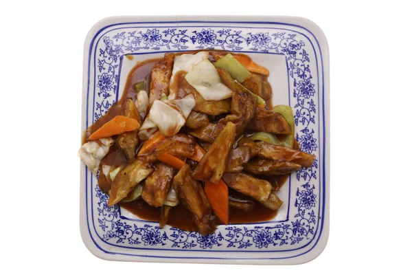 Kinesisk mat. Stekta auberginer med grönsaker — Stockfoto
