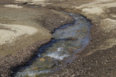 Çakıl taşları, kum ve kuru yapraklarla çevrili dağ deresi