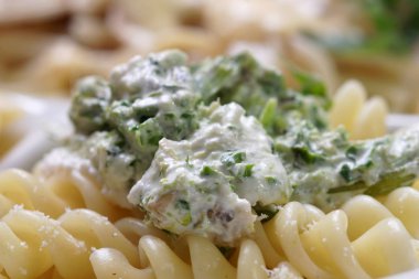 Beyaz peynirli ve ıspanaklı fusilli makarna.