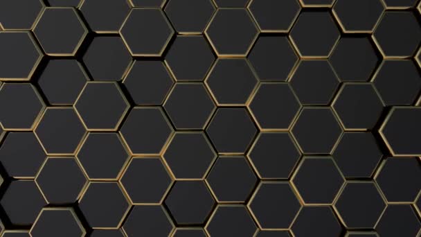 最小幾何六角形抽象的な背景 抽象波アニメーションの黄金と黒の未来的なパターン 幾何学的な動きの背景 3Dアニメーションのレンダリング — ストック動画