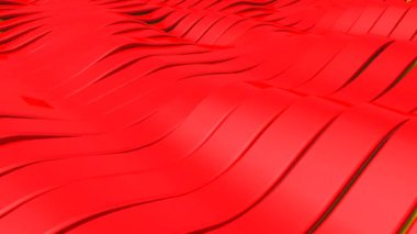 Arkaplanda dalgalanan kırmızı şeritlerden oluşan 3 boyutlu asgari satır. Şeritlerin gelecekteki deseni ve soyut dalga animasyonları. Geometrik hareket arkaplanı. Canlandırmanın 3B Yapılandırması.