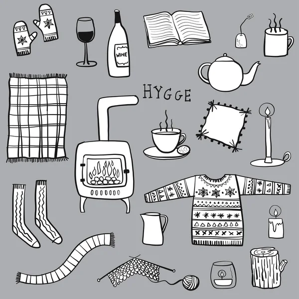 Illustrazione Hygge disegno scarabocchio di accoglienti oggetti rilassanti — Vettoriale Stock