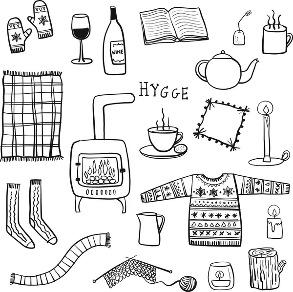 Hygge illustration ritning doodle av mysig avkopplande objekt — Stock vektor