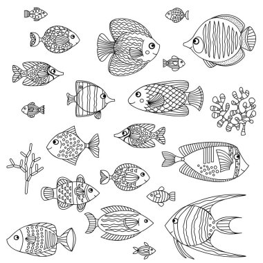 El çizimi şirin tropikal balık çizimleri renklendirici, duvar kağıdı, arka plan ve daha fazlası için uygun..