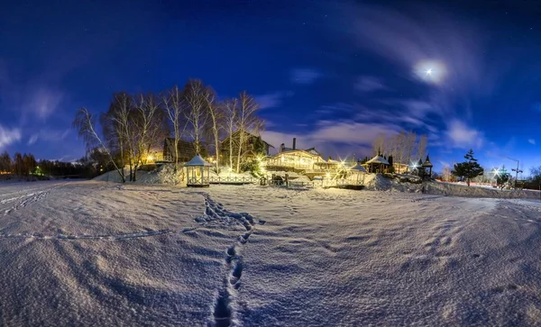 Panorama Night Winter Village Snow Sky Stars Clouds Nature Wallpaper — Stock Photo, Image