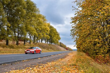 Sonbahar ormanlar ve bulanık kırmızı araba ile boş asfalt yol. Orman yolu ile sonbahar sahne. Güz ve woods güzel manzaralı boş yol. Asfalt yol ve sonbahar orman arasında eski kırmızı araba