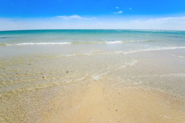 Deniz kum gökyüzü ve yaz günü. Güzel tropikal plaj. Güzel bir plaj ve tropikal deniz. Sahil