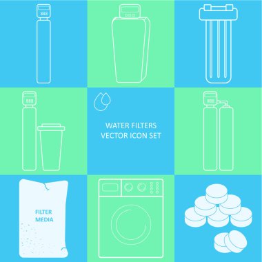 Outline tap water filter icon set. Drink and home water purification filters. Different tap  filtration systems for water treatment. Vector icon set. Point of entry water filters clipart