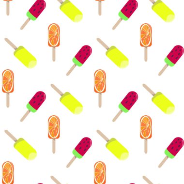 Renkli buzlu dondurma sorunsuz vektör desen. Lezzetli renkli yaz çöl - meyve Buz lolly. Sarma, kumaş, arka plan, giyim, baskılar, duvar kağıdı için tasarım afiş. 