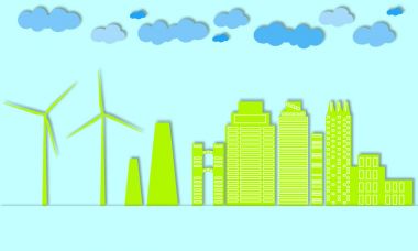 Yeşil şehir kavramı. Eko kasaba. Rüzgar jeneratörleri ve büyük şehirler için alternatif enerji. Kağıt sanat tarzı. 3D vektör kolaj. Duvar kağıdı, arka plan, baskı, afiş, broşür tasarım. 