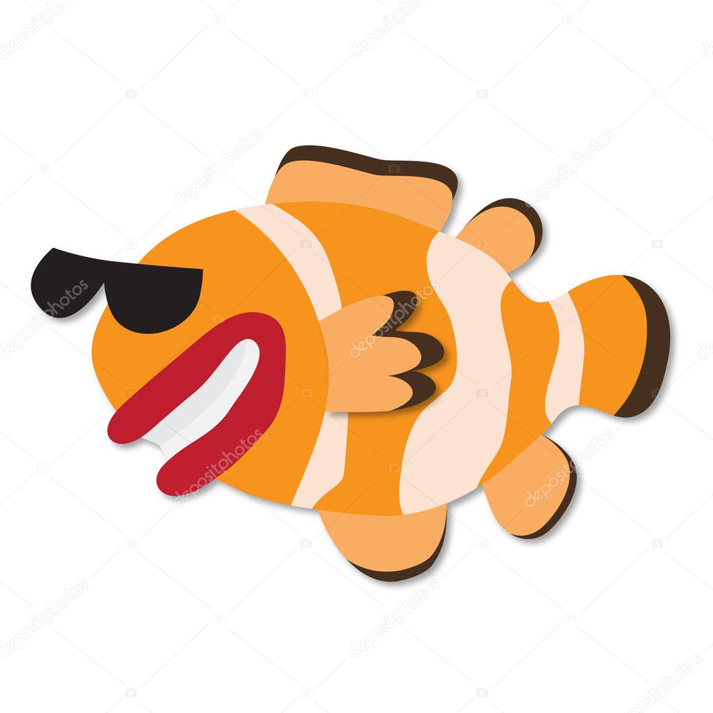 Funny hand drawn cartoon clown fish. Paper art style. Vector 3d. Smiling clown fish in sun glasses isolated on white. Clown fish grotesque or caricature
