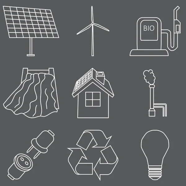 Vektor sadu jednoduchých eco související ikony obrys. Obsahuje ikony pro různé typy výroby elektrické energie: větrné generátory, solární panely, biopalivo, vodní energie, tepelné energie. Tisk nebo infografika — Stockový vektor
