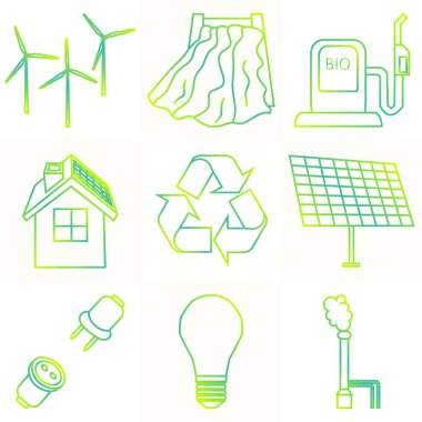 Basit Eko vektör kümesi anahat degrade simgeleri ile ilgili. Elektrik üretimi için farklı simgeler içerir: Rüzgar jeneratörler, güneş panelleri, biyoyakıt, hidroelektrik, termal enerji. Infographic