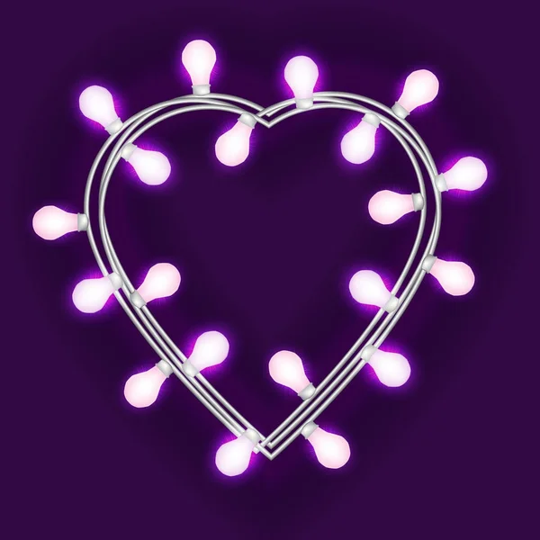 Garland Forma Coração Com Luzes Brilhantes Isoladas Sobre Fundo Violeta — Vetor de Stock
