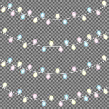 Örtüşen, parlayan dize ışık kümesi. Noel parlayan ışıklar. Çelenk, Noel süsleri. Parlayan ışıklar parti, tatil, yeni yıl, doğum günü veya tebrik kartı tasarımı için. Şablon veya sahte