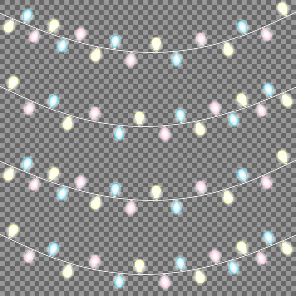 Reihe Sich Überlappender Leuchtender Lichterketten Weihnachtsbeleuchtung Girlanden Weihnachtsschmuck Leuchtende Lichter — Stockvektor