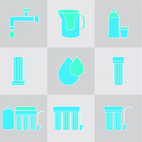 Conjunto Icono Filtro Agua Filtros Purificación Agua Potable Doméstica Diferentes — Vector de stock