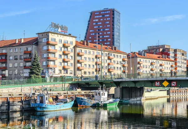 Klaipeda Litauen August 2017 Klaipeda Stadtzentrum Dange Flussufer Und Hafengebäude — Stockfoto