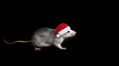 Siyah arka planda izole edilmiş, Noel şapkalı komik bir fare. Kemirgen hayvanlar..