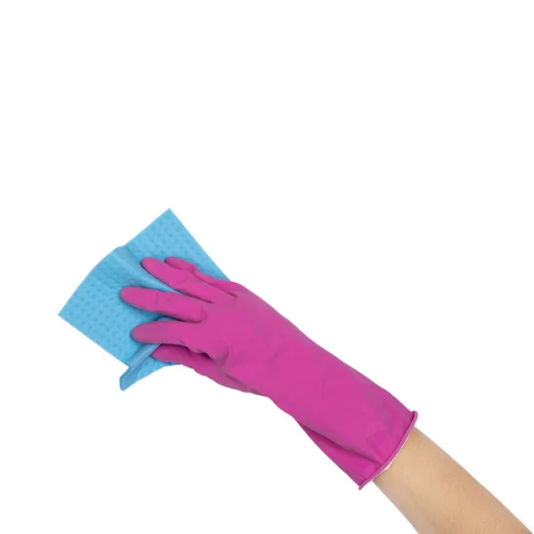 A hand in a glove holds a microfiber cloth for washing and cleaning dishes — Stock Photo, Image