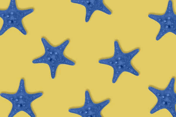 Dried toned in blue sea star fish pattern on yellow background. — Stockfoto